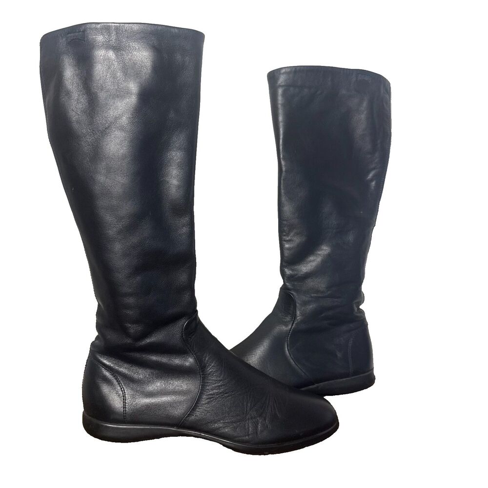 Camper Black Leather Tall Boots Women 38 Flat Riding Knee High Minimalist